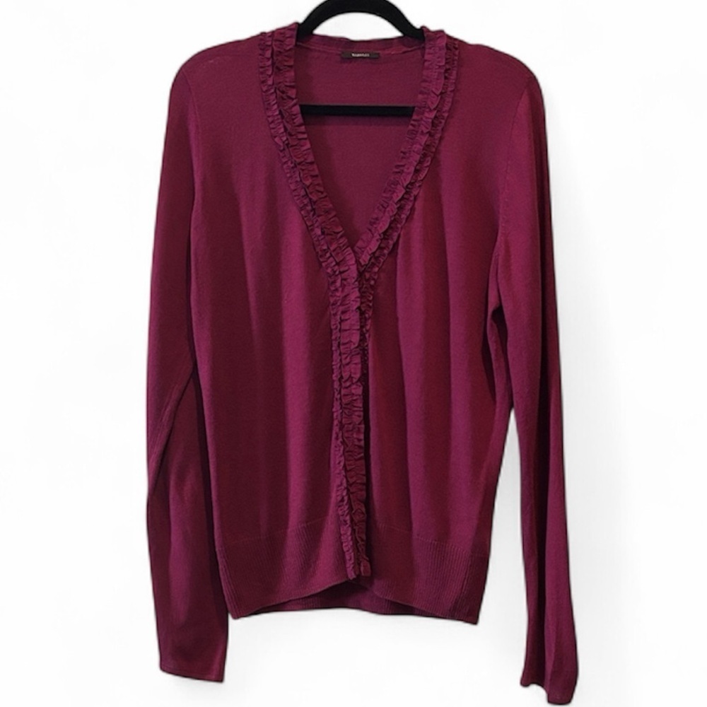 Tahari Deep Maroon Burgundy Ruffled Cardigan Medium